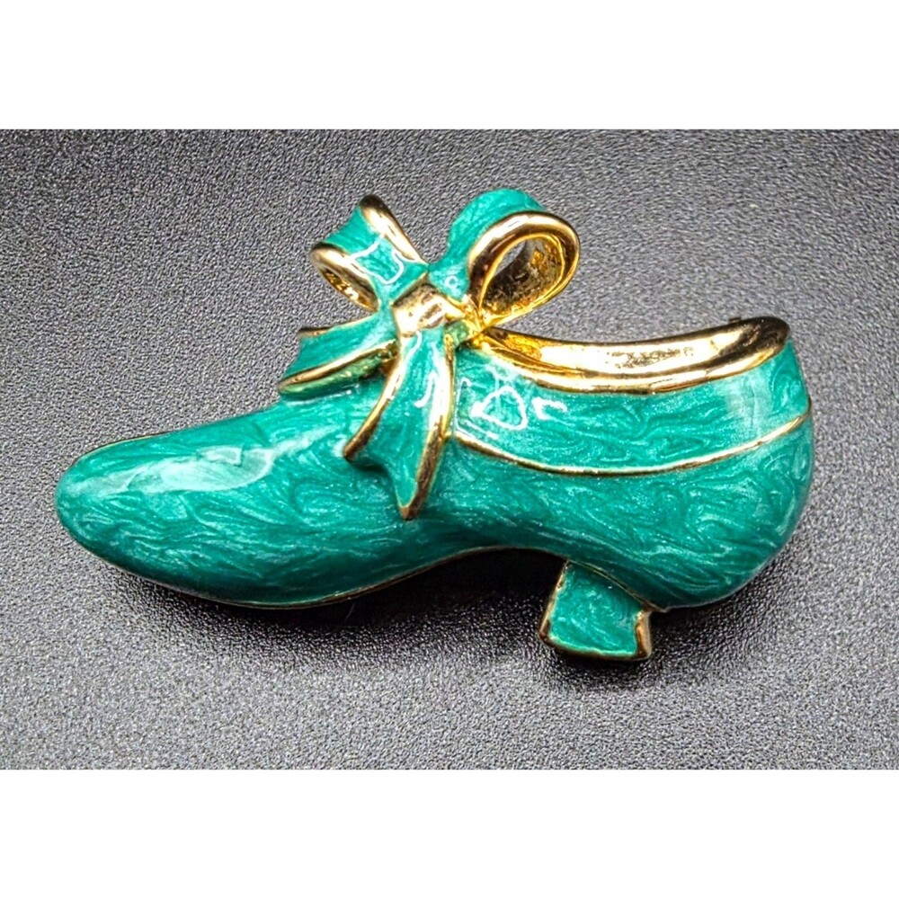 Vintage Teal High Heel Shoe Brooch Gold Tone Enamel Figural Pin Retro